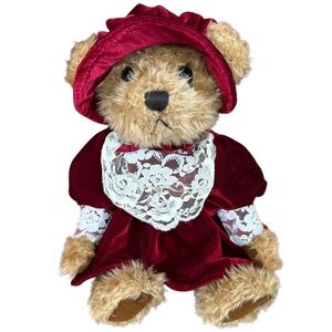 Vintage JCPenney Teddy Bear Red Velvet Dress Lace Victorian Plush 80s/90s